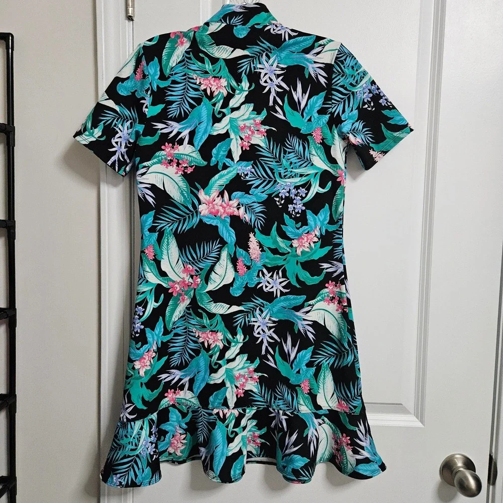 Tommy Bahama‎ Golf Dress Women XS Black Floral Tropical Quarter Zip Ruffle Hem